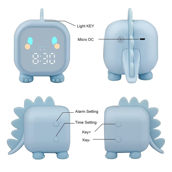 Lasten herätyskello yövalolla 6 soittoääntä sininen dinosaurus