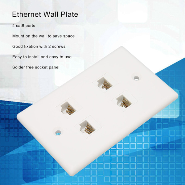 Ethernet vægplade 4 porte Cat6 pladsbesparende god fiksering internet vægplade med skruer til hjemmekontor