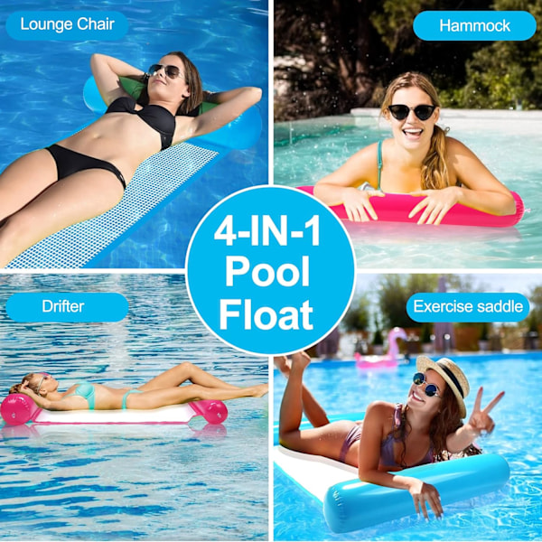 Pool Floats för vuxna, vattenpoolhängmattor, poolflottörhängmatta, multifunktionell uppblåsbar hängmatta, för pool, sjö, utomhus, strand (blå, rosa)