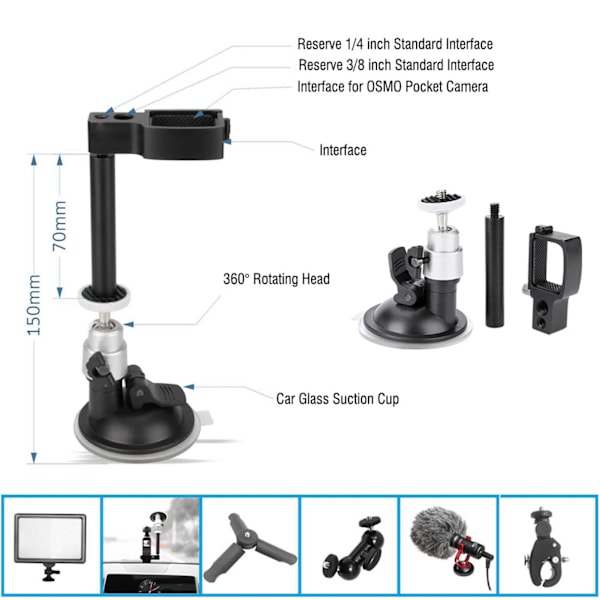 3/8 1/4 Bilhållare Vindruta Fäste Stativ + Sugkopp Set för DJI OSMO Pocket Kamera