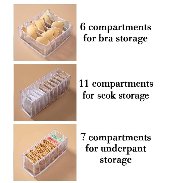 Underkläder Organizer lådavdelare, set med 3 innehåller 6+7+11