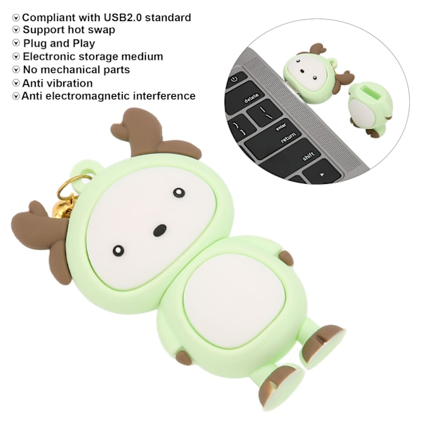 U DISK USB2.0 Gränssnitt Vibrationsresistent Portabel Hot Swap Söt Tecknad Stil Minnessticka för Laptop Ljusgrön 64GB