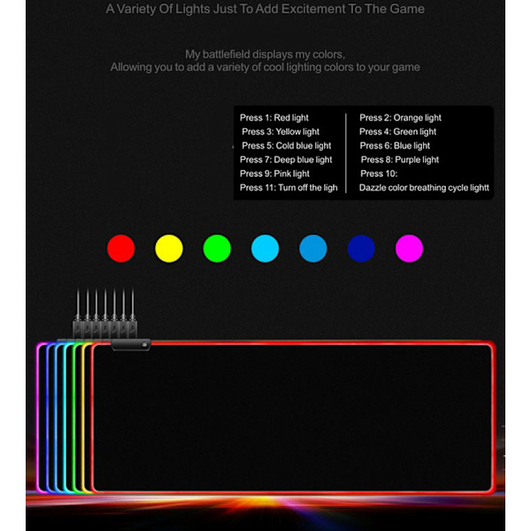 RGB Gaming Musemåtte, XXL, 800*300mm, Soft-Led-Musemåtte, Computertastatur-Musemåtter Matte, Sort