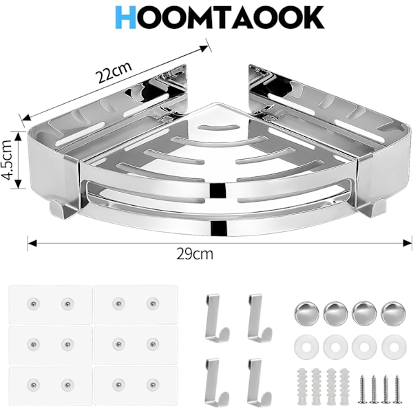 2 stk. hjørnehyller for dusj, selvklebende baderomshyller, veggmontert, ingen boring, kjøkkenhyller, dusjkurv, oppbevaring for