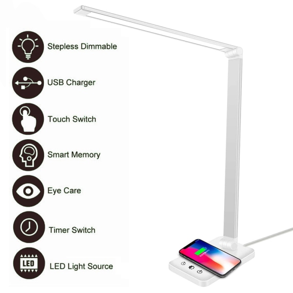 LED bordlampe, dæmpbar bordlampe 6W trådløs opladning og USB