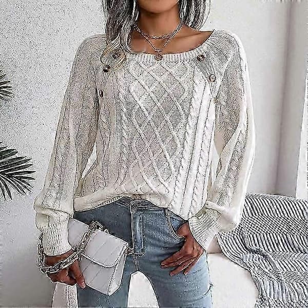 Dame Striktrøje Hyggelig Jumper Udsalg Dame Efterårstrøje Stilfuld Fast Pullover Rundhalset Trøje Jumper white M