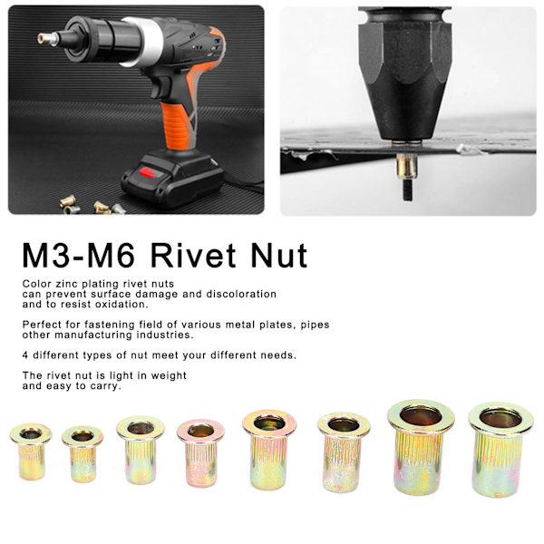 240 stk M3 M4 M5 M6 Farvede Zinkbelagte Nittemøtrikker Sæt Hurtig Nitning Hardware Tilbehør