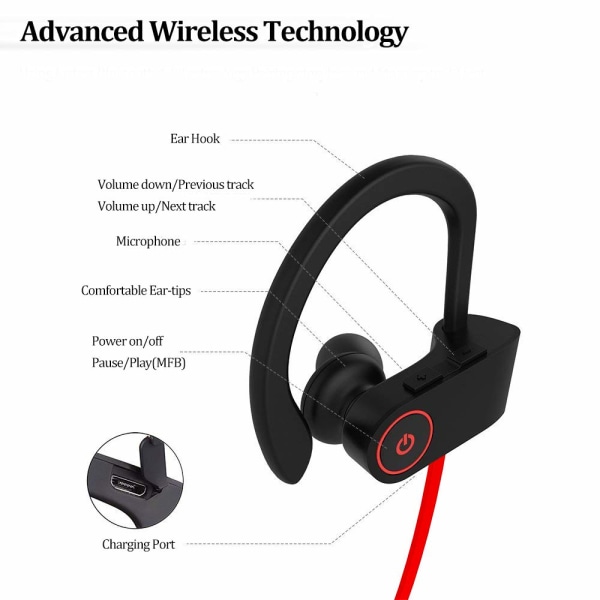 Trådløse Bluetooth slips slips, anti-sved sports hovedtelefoner med ørekroge, støjreduktion, stereo hovedtelefoner med mikrofon,