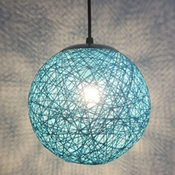 Blå Retro Pendellampe Flet Rund Globe 15cm ,
