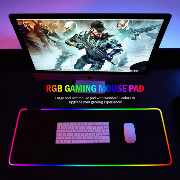 RGB Gaming-musmatta - stor och långsträckt LED-musmatta, 14 ljuslägen, 2 ljusstyrkor, halkfri gummibas, musmatta med vattentät beläggning