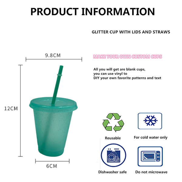 5 st glitter sequined plastvattenkopp med sugrör och lock, kaffekopp, röd, mörkgrön, vinröd, ljusgrön, ljusrosa