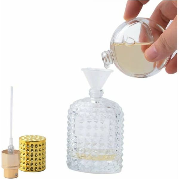 Påfyllningsbara tomma sprayflaskor i klar glas, 50 ml, med påfyllningstratt (guld)
