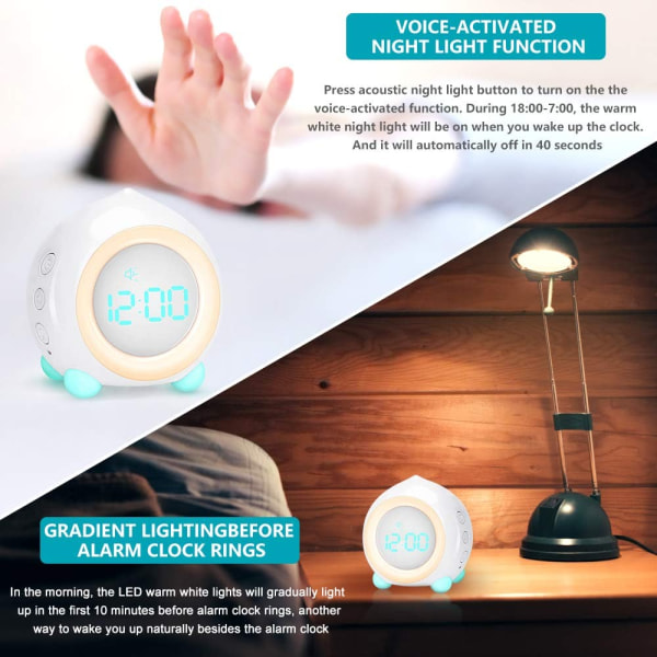 Tecknad smart väckarklocka för barn, färgstarkt LED-väckningsljus