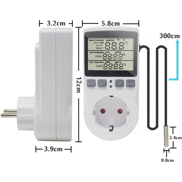 KETOTEK 230 V temperaturkontrollplugg med sensor, digital termostatplugg med timer, plugg termostattidsbryter for drivhus, akvarier,