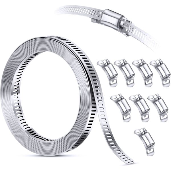 304 rostfritt stål slangklämma sortiment kit, 3M anpassad klipp metallband + 8 starkare fästelement, stort justerbart snäckväxelband, skruvslangklämmor,