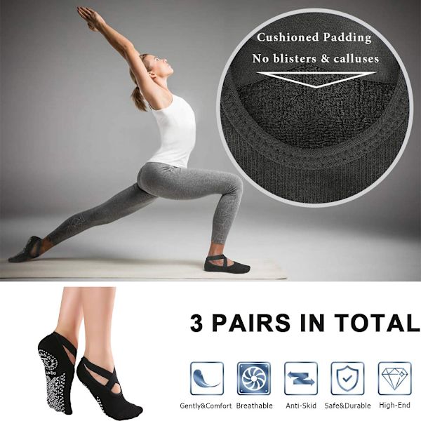3 par yoga sokker til kvinder, skridsikre strømper med stropper til balletdans, yoga, pilates og ballet