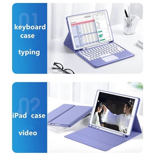 Tastaturdeksel med berøringsplate Søte runde taster Farge tastatur iPad Air2/Pro9.7Generasjon Avtakbart Bluetooth berøringstastaturdeksel - Lilla