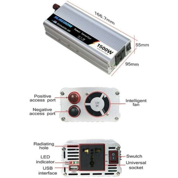 Spänningsomvandlare Bilväxelriktare 1500W 12V-220V