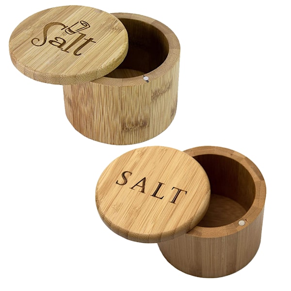 Saltkar i bambu med lock, saltbehållare med lock, saltströare, skål