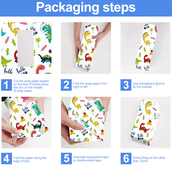 Dinosaurietecknad presentpapper, 6 ark 3 stilar mönster presentförpackning söt dino tema design, återvinningsbar dino presentinslagning för pojkar, flickor, barn