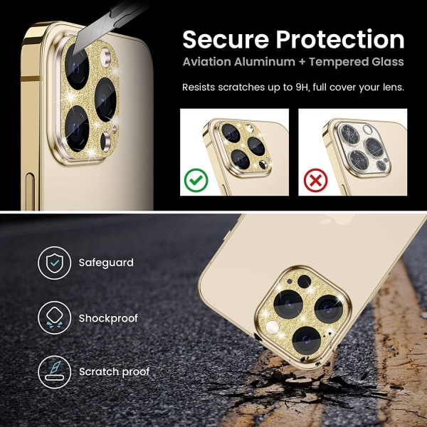iPhone 13 Pro - iPhone 13 Pro Max kamera linsecover, Gold Glitter