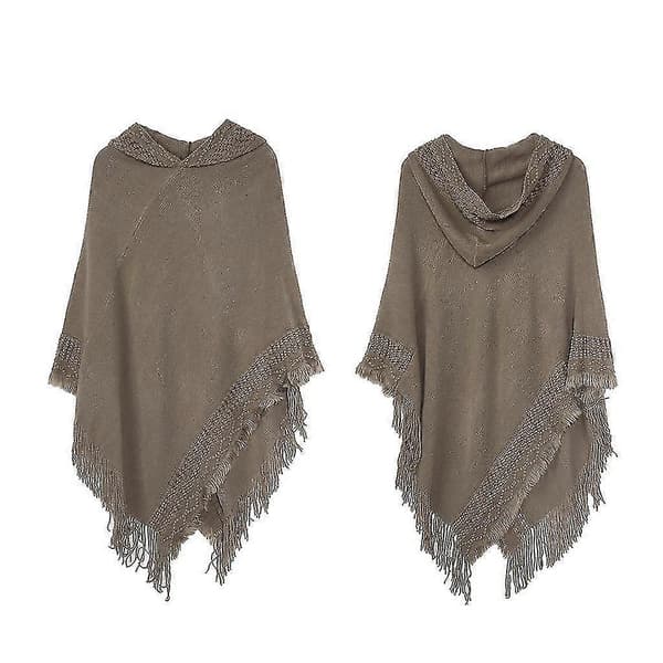 Strikket hætteponcho til kvinder, ensfarvet hæklet sjal med kvaster, oversized pullover-kappe LKH