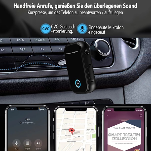 Cocoda Bluetooth sovitinauto, Mini Aux Bluetooth 5.0 -sovitin handsfree-puheluilla, kaksoisyhteys, 16 tunnin soittoaika, Bluetooth vastaanotin autoon, kotiin