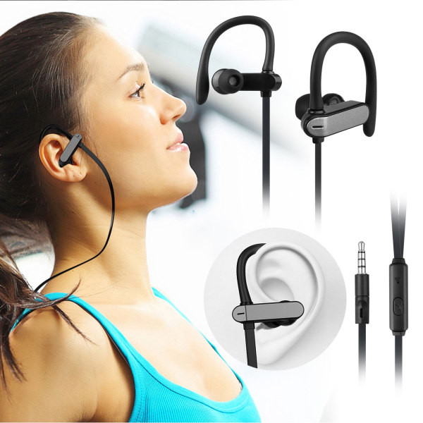 Sports-øretelefoner med ledning, svedtætte øretelefoner til løbegymnastik Træning Jogging, støjisolerende ørekrog øretelefoner med