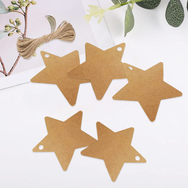 100 stjärnformade presentetiketter med kraftpapper, brun presentetikett 6cm, kraftpappersetikett, utrustad med ett 20m långt jutesnöre, lämplig för konst,