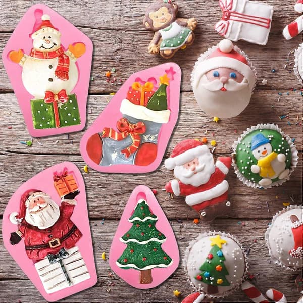 6 stk. julefondantforme, juletræ silikoneform julemandshus kageform snemand gavepose bageform jul