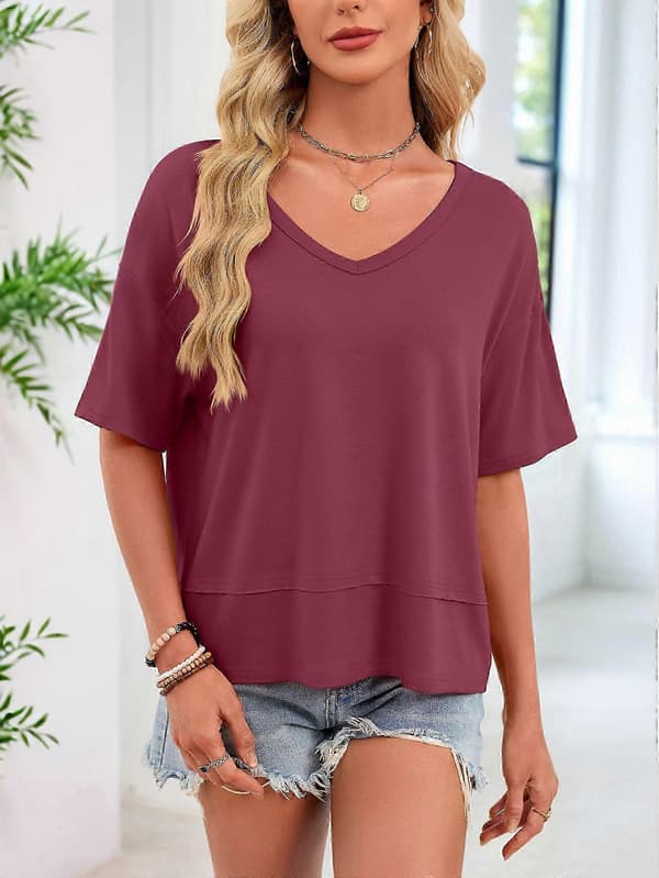 Sommer V-hals kortærmede toppe til kvinder, løse afslappede basis T-shirts i sort Wine red M