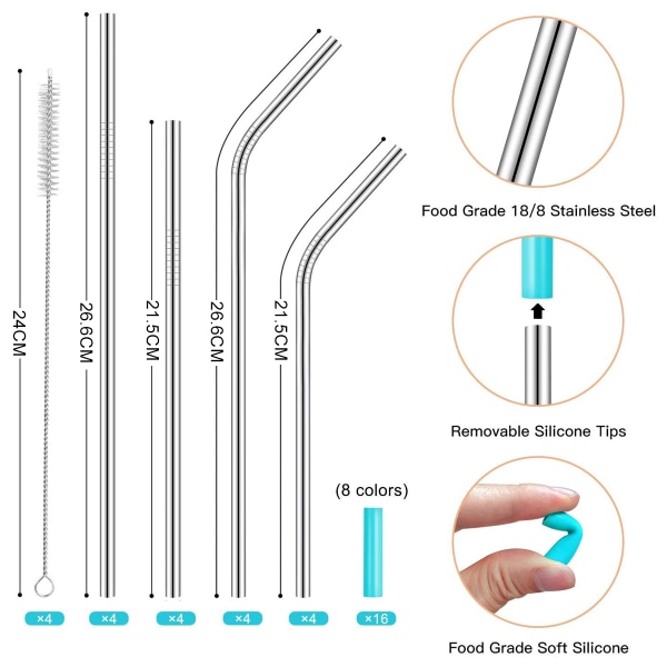 Återanvändbara sugrör i rostfritt stål, set med 16 dricksrör