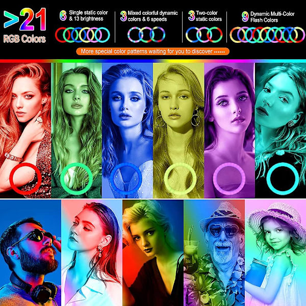 12,6 tuuman rengasvalo 74 tuuman suurella jalustalla, LED-rengasvalo 20 RGB-tilassa 13 tasoa, valokuvarengasvalo säädettävä selfie-/TIKtok-/Youtube-/Live-lähetyksiä varten