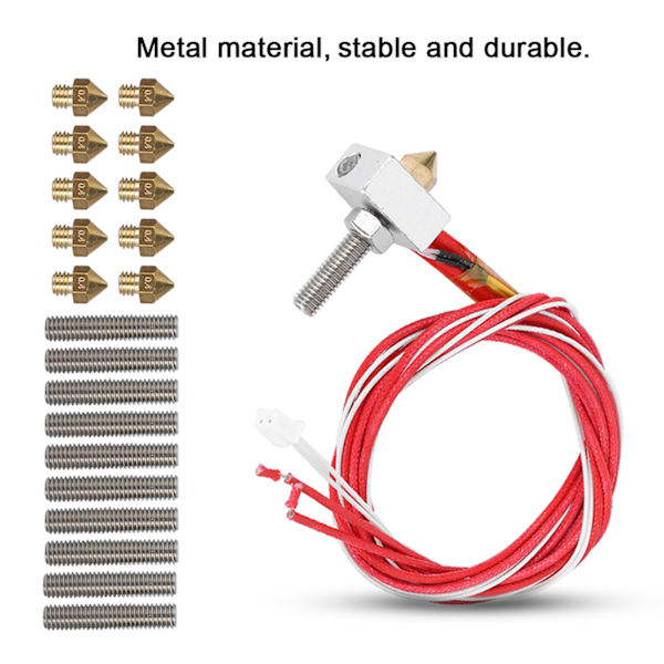 3D-printerekstruder med aluminiumsvarmeblok 10 stk. ledning (30 mm) og 10 stk. 0,4 mm dyse