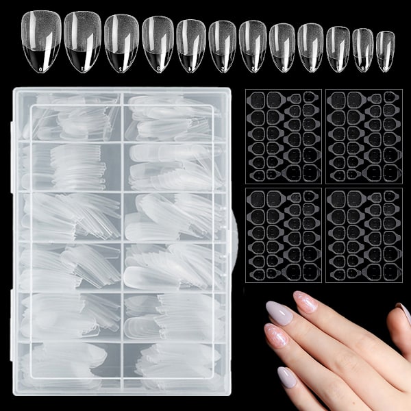 Mandelformede korte negletips, fuld dækkende negletips, forformede semi-matte tips negle gelé negletips - 360 stykker 10 størrelser, 4 stykker neglelim