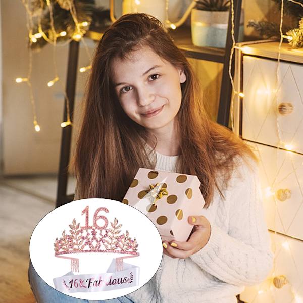 16-vuotissyntymäpäiväsash ja -tiara-setti, Onnellinen 16-vuotissyntymäpäivälahja naisille 16-vuotissyntymäpäiväkoristeet