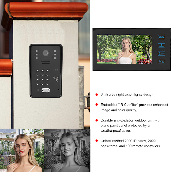 7 tommer TFT LCD Dørklokke Fjernbetjening Adgangskort Videodørtelefon Vandafvisende Intercom 100-240V (EU Stik)
