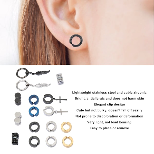 10 par magnetiska örhängen studs set i rostfritt stål zirkonia opiercerad dekor 8mm