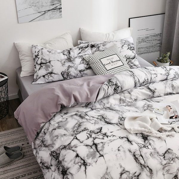 3Pcs/Set Polyester Marbled Bedding Set Quilt Cover with Pillowcase AU-Double Size (White)