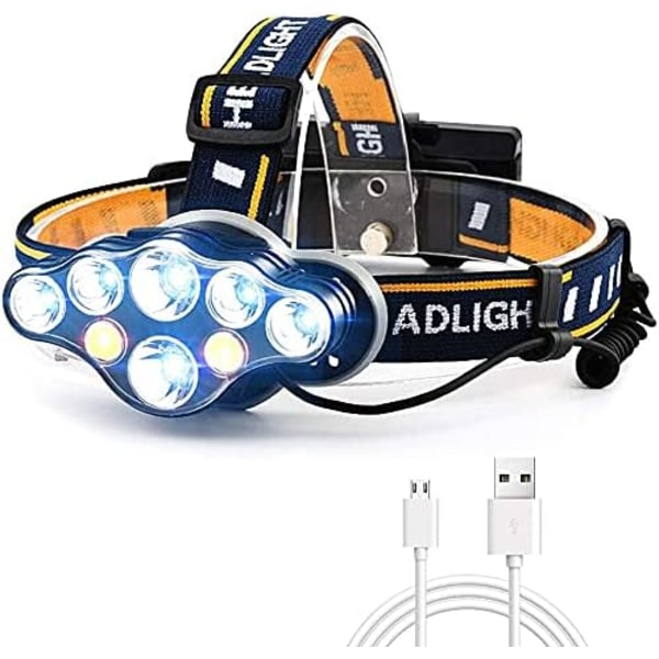 Huvudlampa, Super Bright USB Huvudlampa 12000 Lumen 6 LED 8 lägen med rött indikatorljus, Vattentät Uppladdningsbar Huvudlampa, Huvudlampa för Camping,