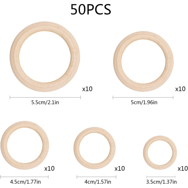 Sæt med 50 naturlige træringe - 5 forskellige størrelser -
