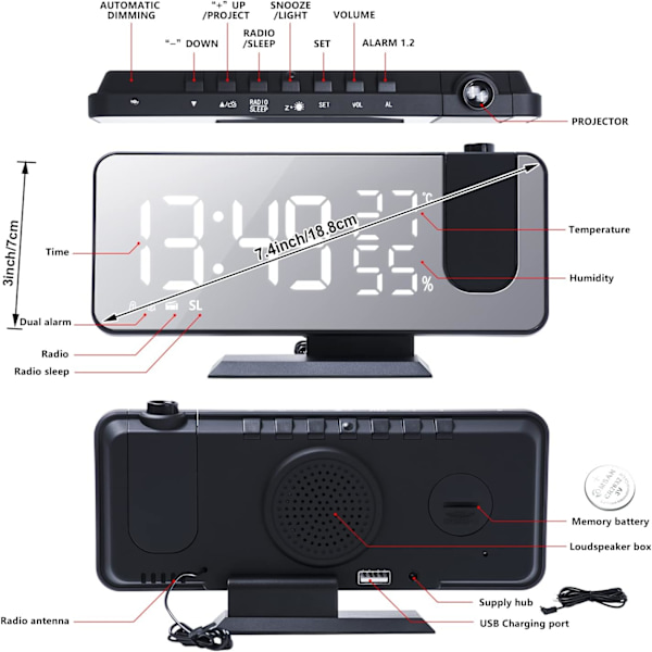 Projektiohälytyskello, LED-digitaalinen herätyskello peilipinnalla, USB-latausportti, torkku, kaksoishälytys, FM-radio, lämpötila ja kosteus, 12/24H