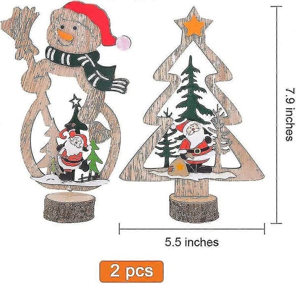 Julebordpynt i træ, stående juletræ og snemandspynt til skrivebordet, julepynt, 2 stk. assorterede farver
