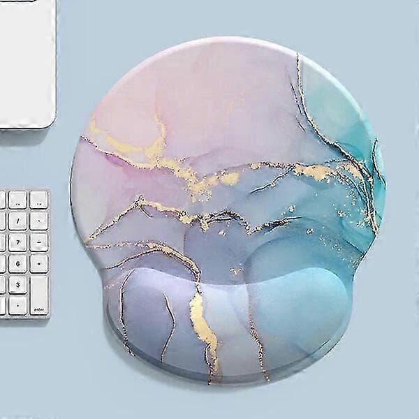 Rund musematte, pudderblå gradient marmormønster, ergonomisk design