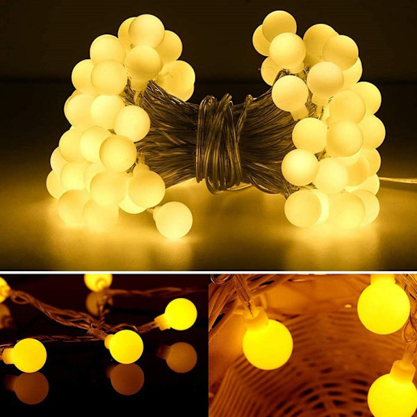 33ft 100st LED Ball Light String Batteridriven, 8 lägen, med Warm White