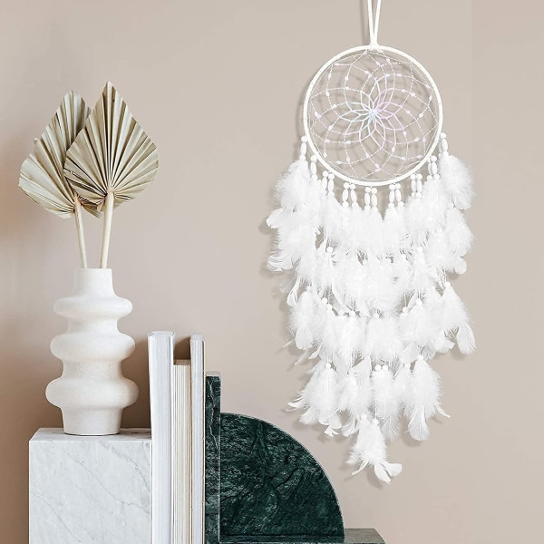 LED Dream Catcher Wall Decor White Feather Pearl Boho Woven Art