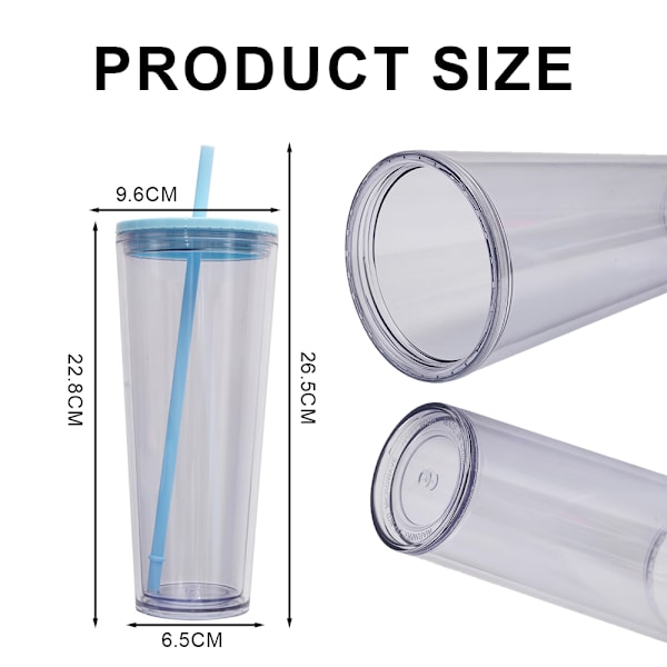 750ml dubbelskiktad plast kallvattenkopp, transparent dryckeskopp, halmvattenkopp med färgat lock