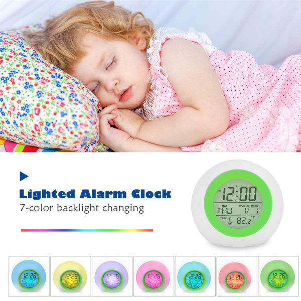 Digital väckarklocka för barn, nattljus med 7 färger, snooze,