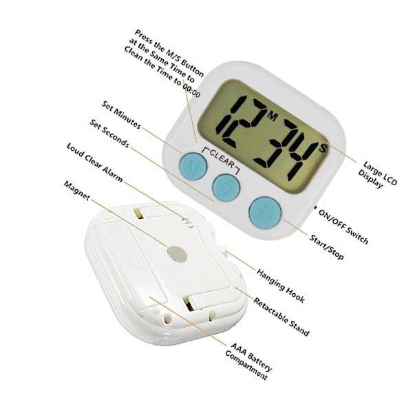 3 Pack Digital Køkken Timer Magnetisk Bagside Stort LCD Display Høj Alarm Minut Sekund Optælling Nedtælling Med ON/OFF kontakt til køkken, hjemmearbejde,