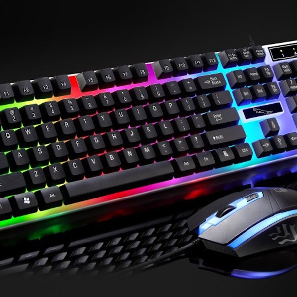 Mekanisk Gaming Tastatur og Mus Sett, Rainbow LED, USB Wired Desktop Combo (Svart)